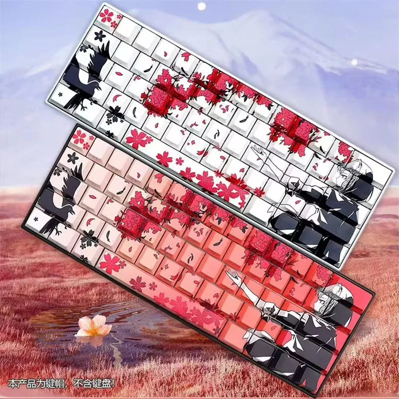 A set of anime themed PBT keycaps featuring red and white floral patterns for a mechanical keyboard