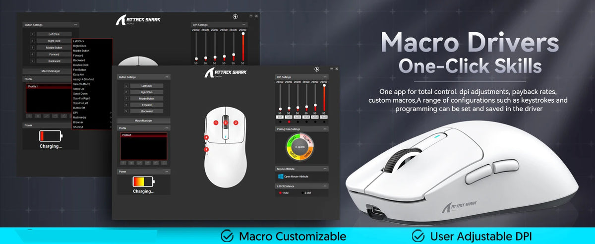 Software interface showing macro drivers and settings for an Attack Shark wireless gaming mouse