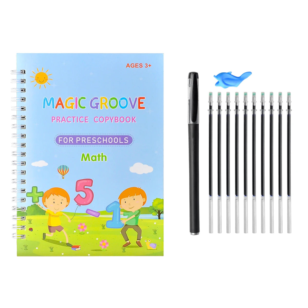 A spiral notebook titled Magic Groove Practice Copybook for Preschool Math with illustrations of children and numbers, next t