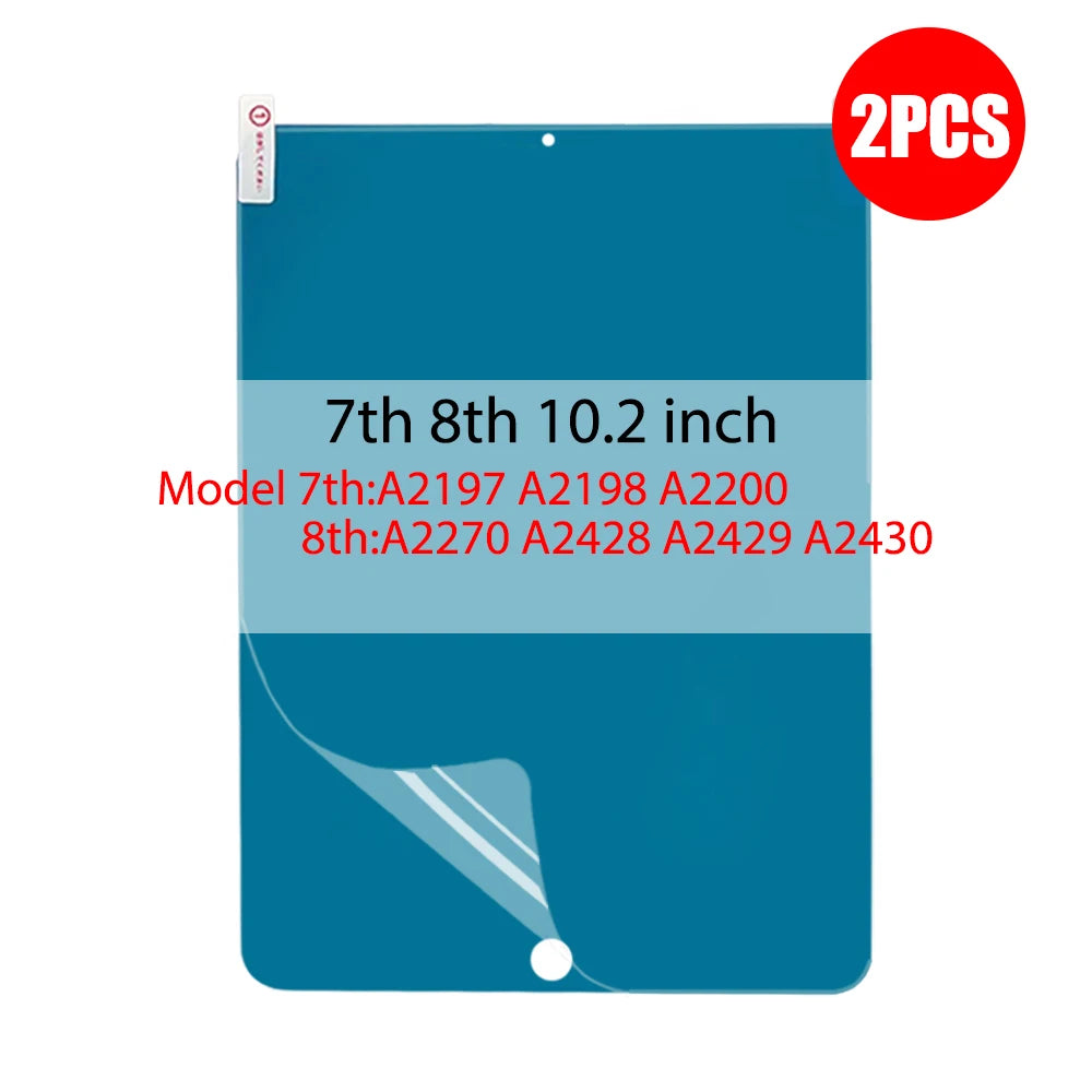 A teal paper-feel screen protector for an Apple iPad, shown with model numbers listed.