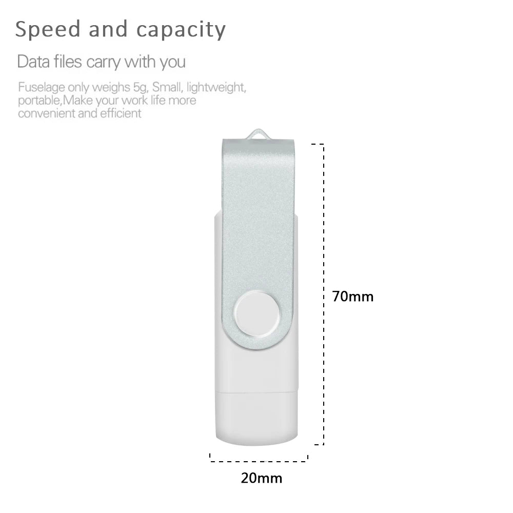 A white dual USB and Type-C flash drive with a metal body shown in a vertical view.