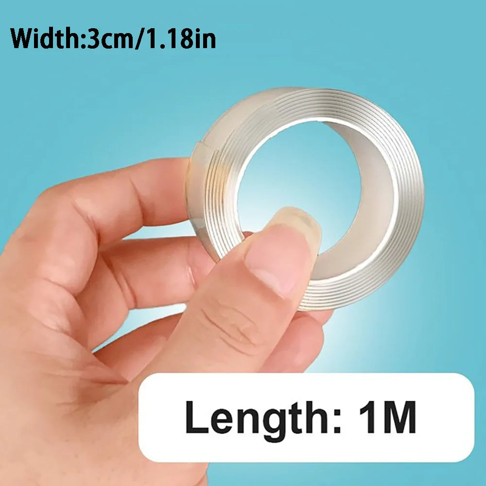 A hand holds a roll of clear adhesive tape, showing its width and length.