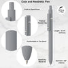 A gray fine point gel pen with a soft grip, showing various features like click mechanism and pocket clip.