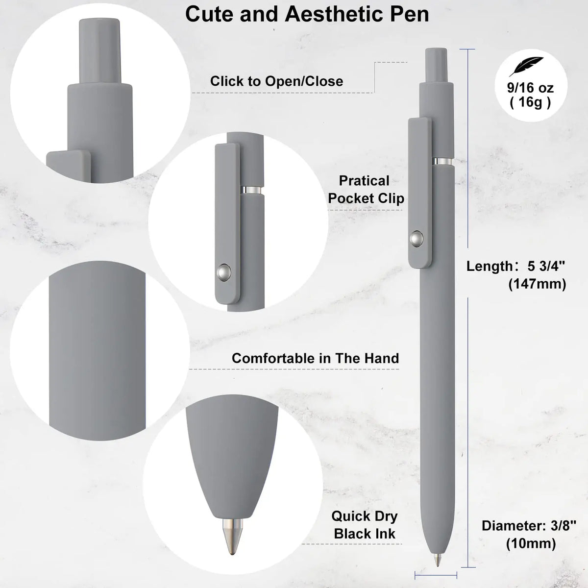 A gray fine point gel pen with a soft grip, showing various features like click mechanism and pocket clip.