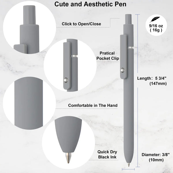 A gray fine point gel pen with a soft grip, showing various features like click mechanism and pocket clip.