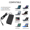 A black universal tablet charger with a power supply adapter is shown next to various Surface laptop models.