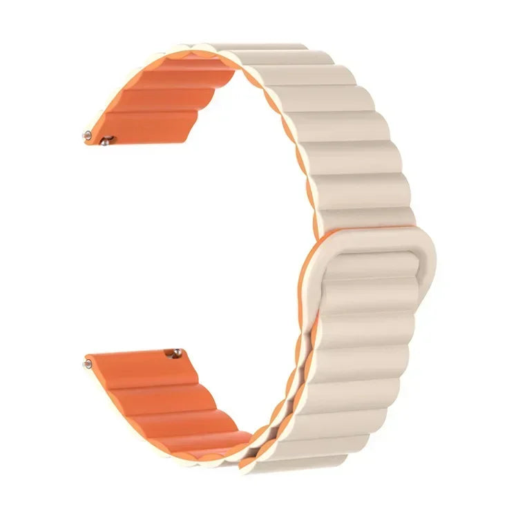 A beige watch band with orange magnetic loops shown in a curved, open shape.
