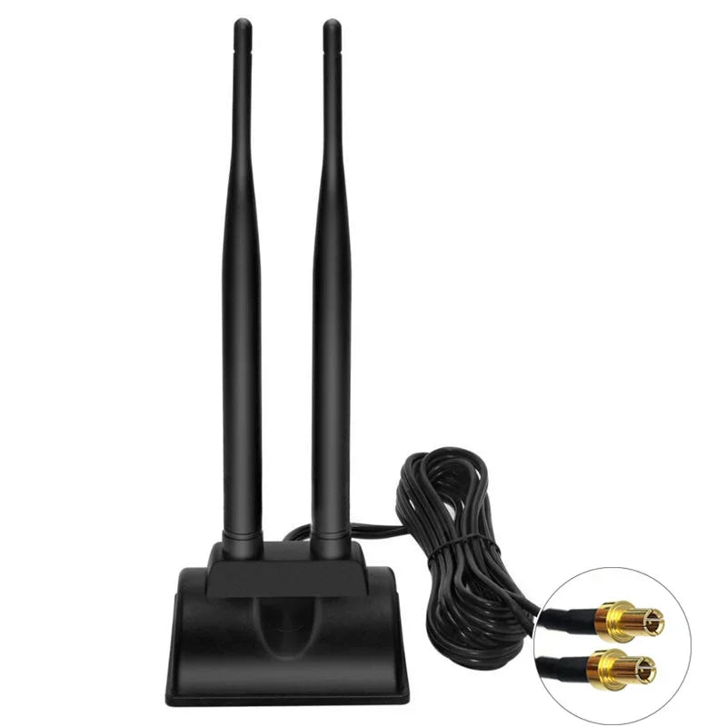 Black dual band magnetic WiFi antenna with a coiled cable and connector.