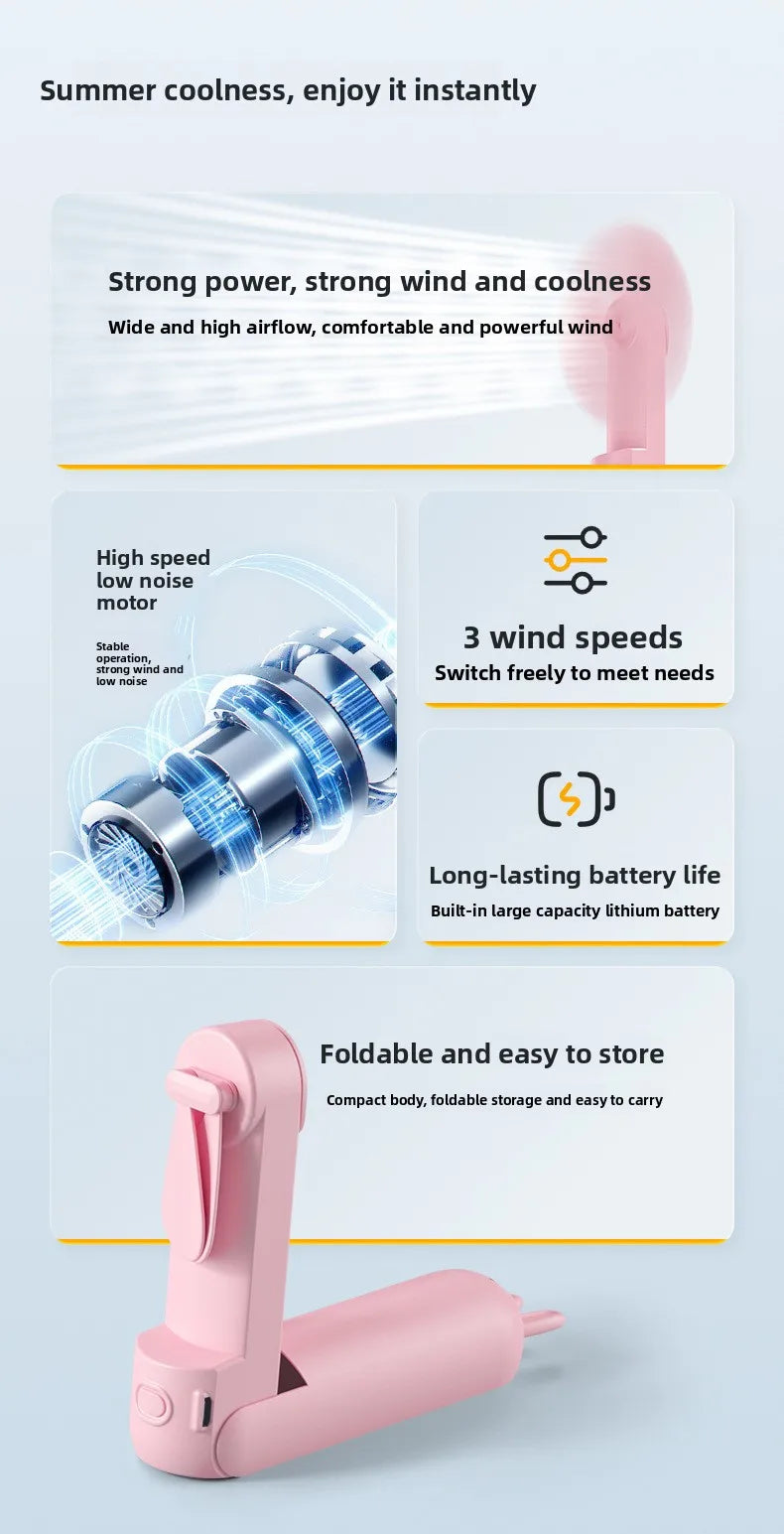 A pink portable foldable rabbit mini fan shown in various features and a standalone view.