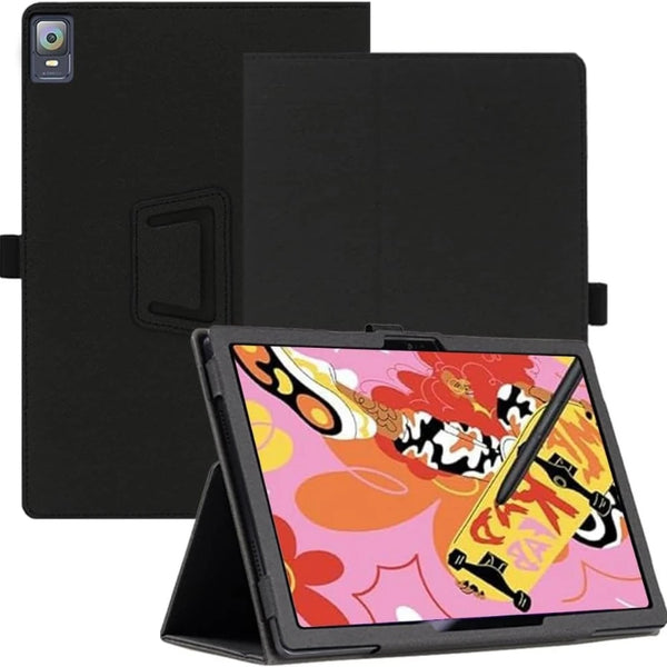 A black protective case for a tablet or drawing pad, shown open with the screen displaying colorful artwork.