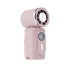 A pink portable clip-on handheld cooling fan with a circular grille and power button.