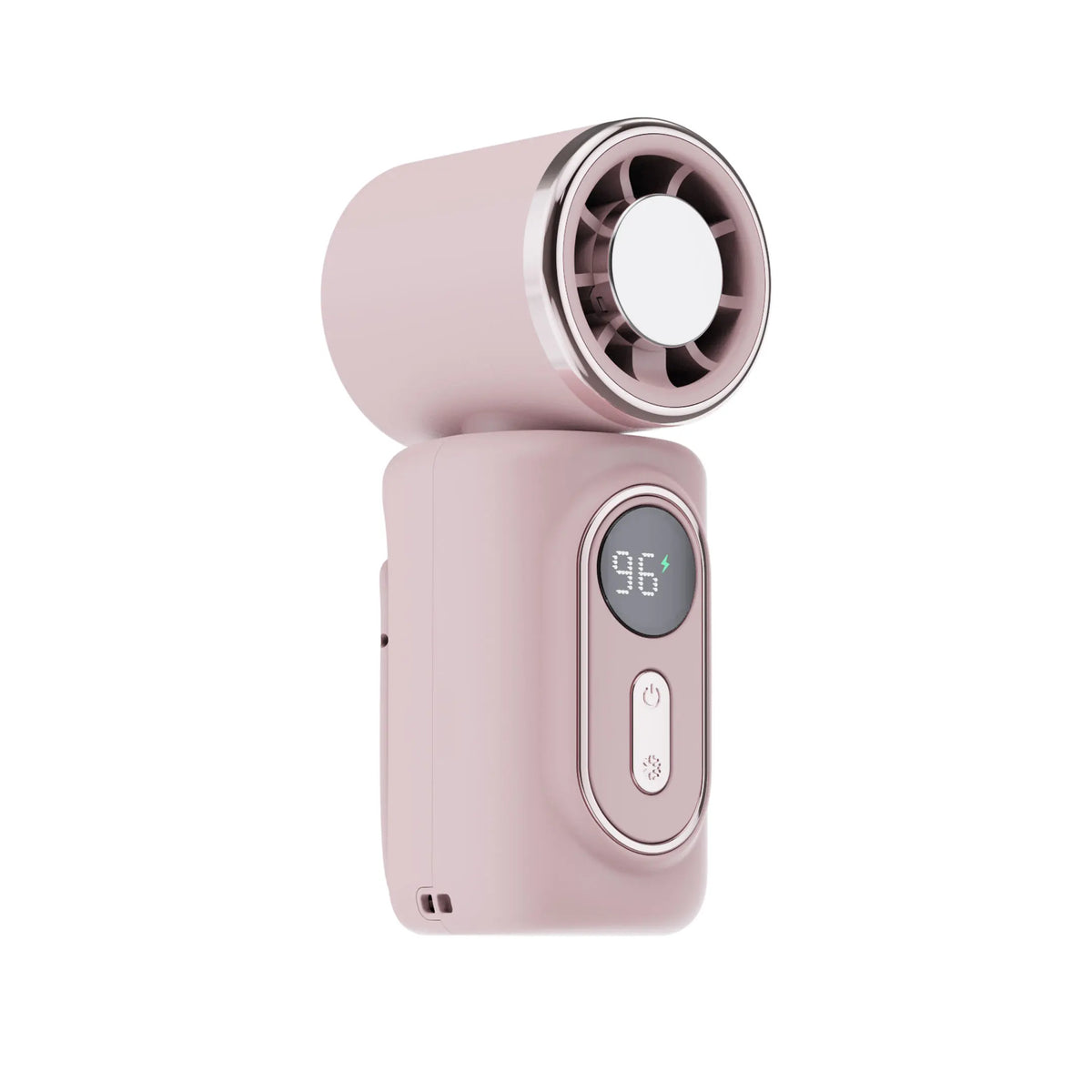 A pink portable clip-on handheld cooling fan with a circular grille and power button.