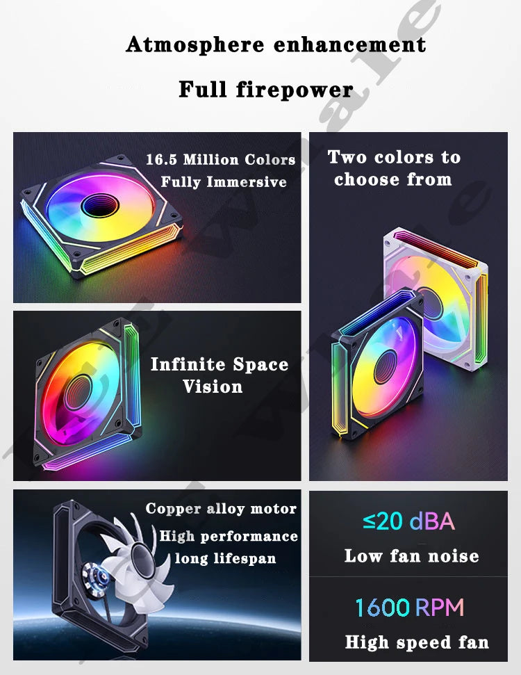 لقطة مقربة لمروحة تبريد حاسوب عالية الأداء مقاس 120 مم بإضاءة RGB، تبرز ميزاتها وتصميمها.