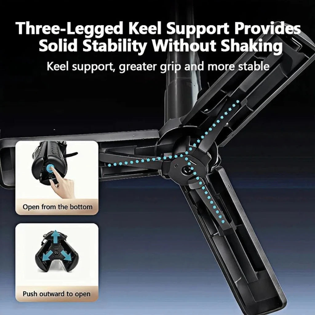 A black three-legged keel support for a camera or device, showing how to open it from the bottom and push outward to open.