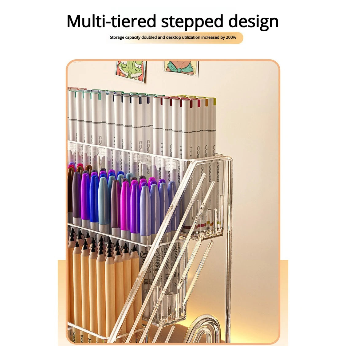 A multi-tiered stepped design acrylic desk organizer holding various pens, pencils, and art supplies.
