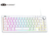 A white MAGEE keyboard with RGB backlighting and a wired connection, showing various function keys and a dedicated scroll whe