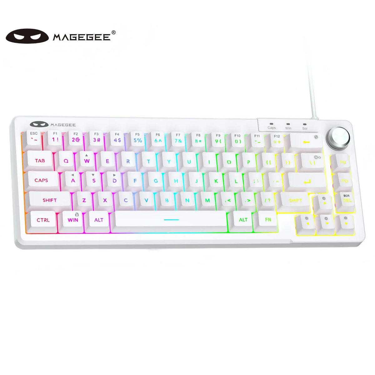 A white MAGEE keyboard with RGB backlighting and a wired connection, showing various function keys and a dedicated scroll whe