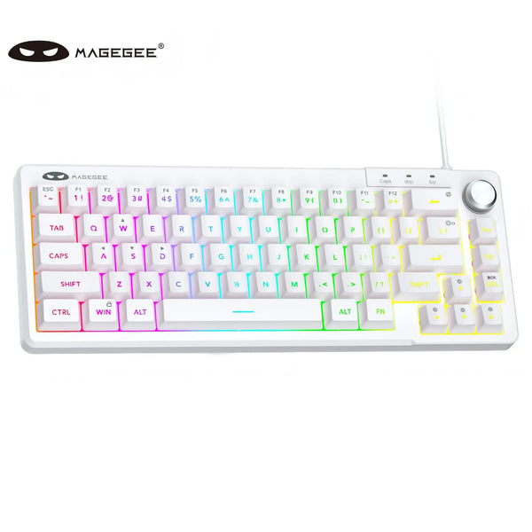 A white MAGEE keyboard with RGB backlighting and a wired connection, showing various function keys and a dedicated scroll whe