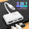A white 3-in-1 USB-C OTG adapter with a flexible cable and multiple ports shown on a dark surface.