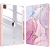 A pink and purple marbled protective case for an iPad featuring gold accents.