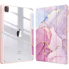 A pink iPad is shown with a purple watercolor-style protective case featuring gold accents.