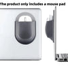 A slim stick-on mouse holder is shown attached to a laptop, demonstrating its use for holding a mouse.