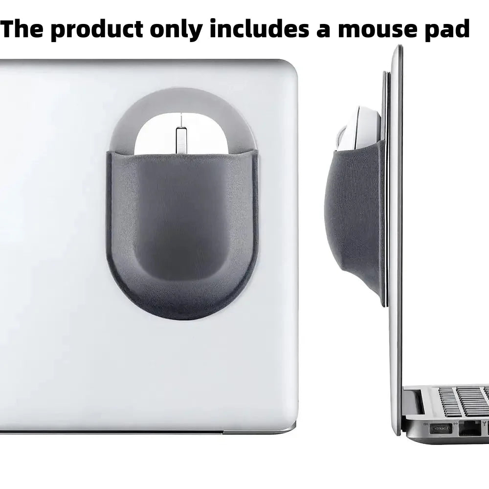 A slim stick-on mouse holder is shown attached to a laptop, demonstrating its use for holding a mouse.