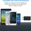 A white adapter is shown next to various smartphones, demonstrating compatibility with Android devices.