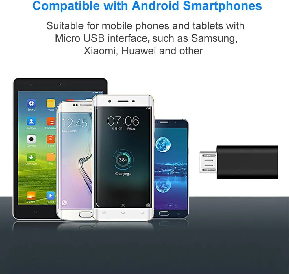 A white adapter is shown next to various smartphones, demonstrating compatibility with Android devices.