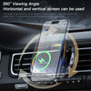 A 360° rotating wireless phone mount is shown installed in a car's dashboard, demonstrating its horizontal and vertical viewi