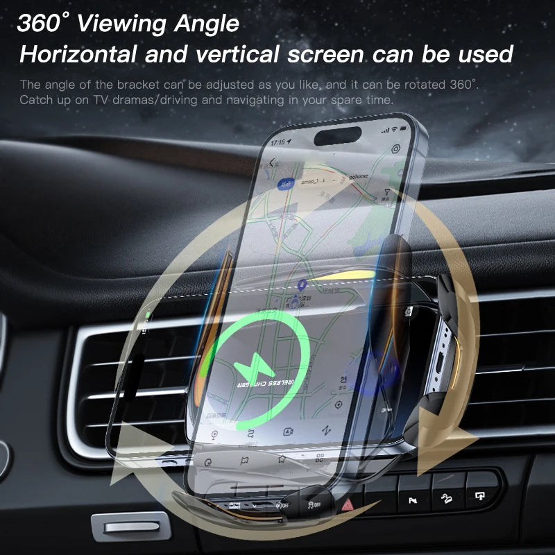 A 360° rotating wireless phone mount is shown installed in a car's dashboard, demonstrating its horizontal and vertical viewi