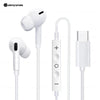 A white wired in-ear earphone set with a detachable cable and plug for mobile devices.