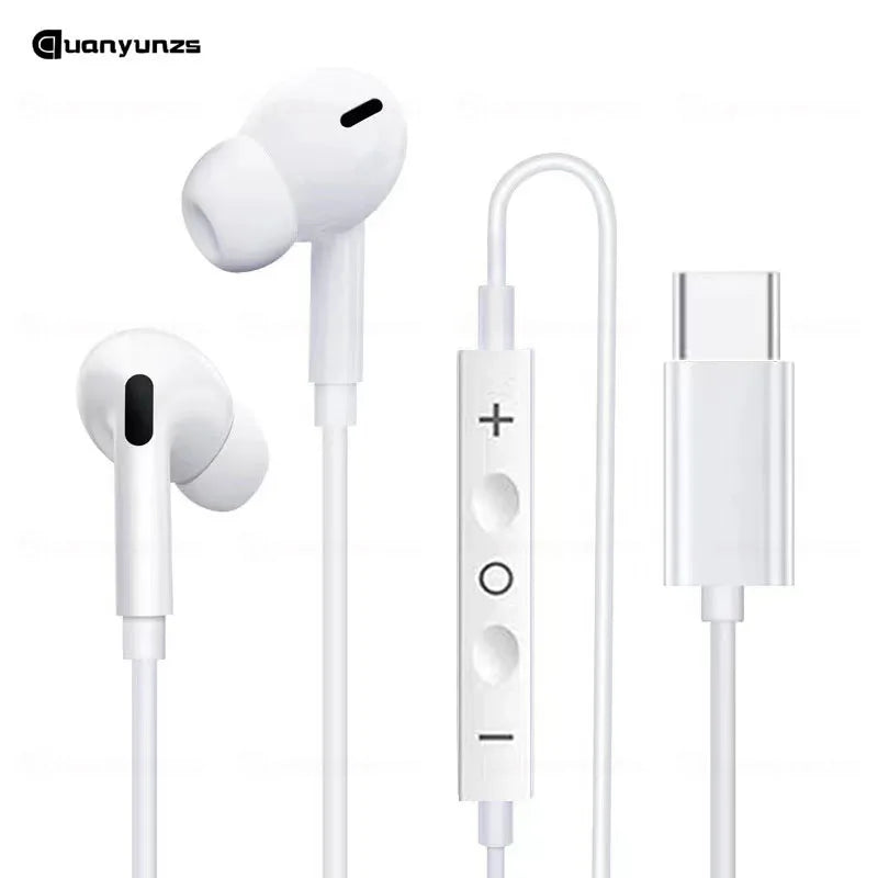 A white wired in-ear earphone set with a detachable cable and plug for mobile devices.