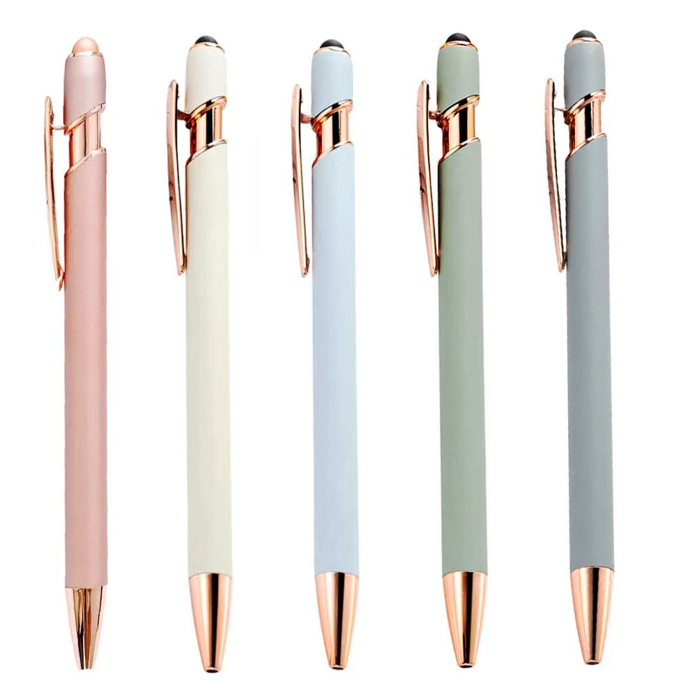 A set of four metal stylus pens in pink, white, light blue, and green finishes.