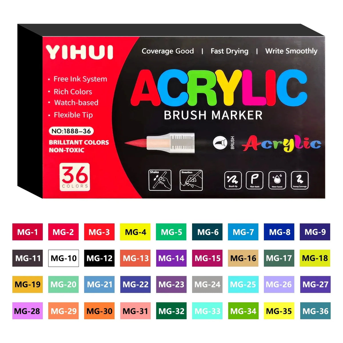Box of Yihui Acrylic Brush Markers featuring 36 colors and various tips for art and crafting