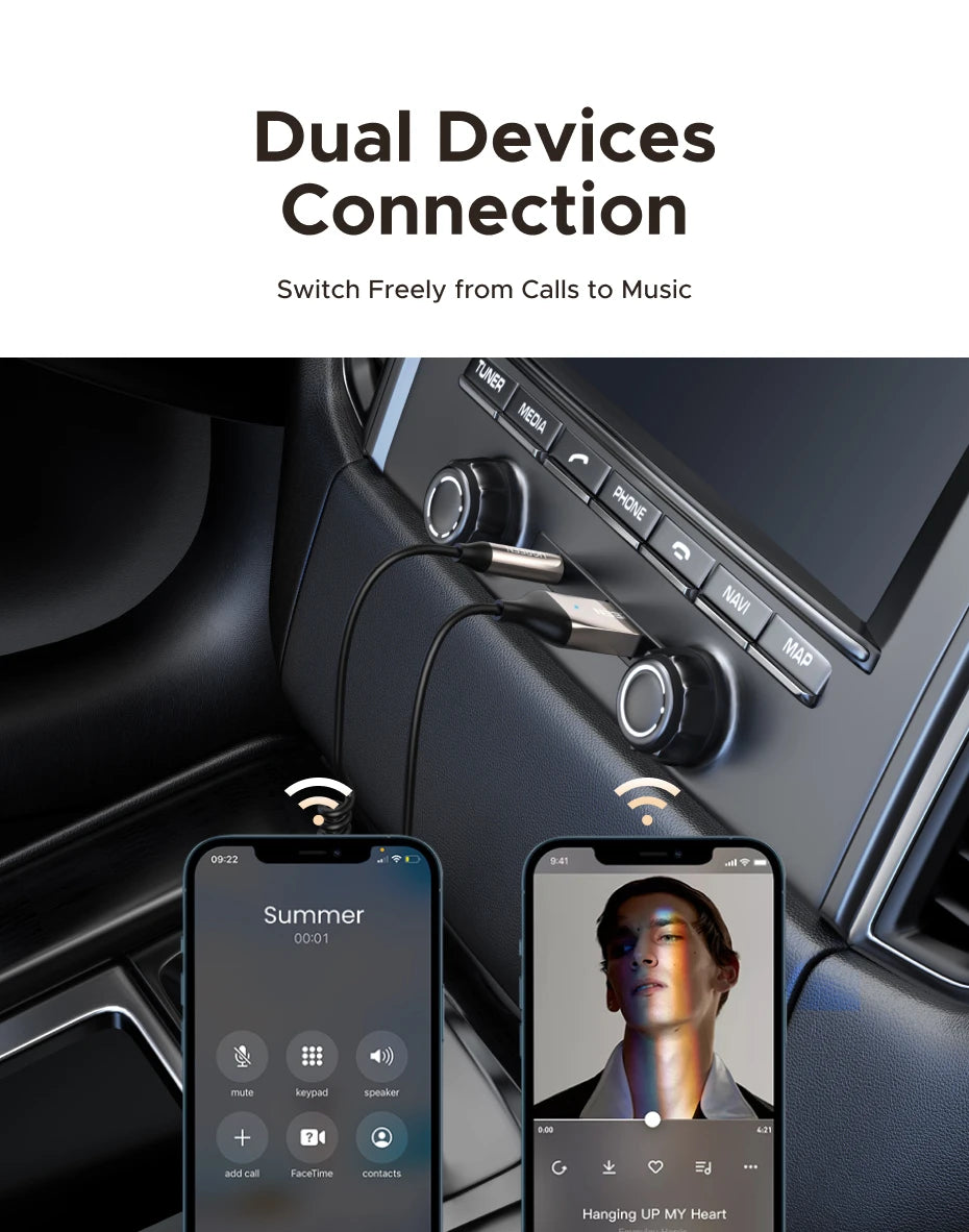 A smartphone connects to a car stereo system for dual device audio connection.