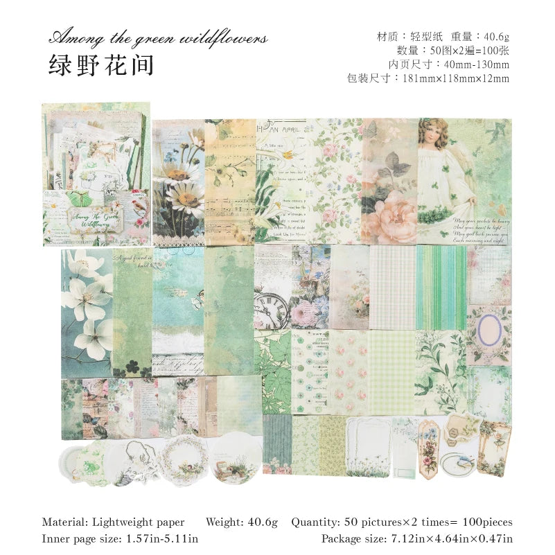 A collection of green wildflowers and floral themed scrapbook paper sheets in various shades and patterns.