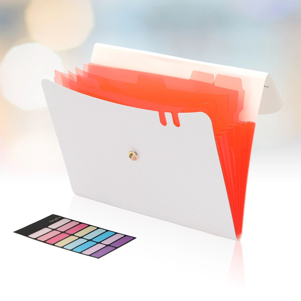 A white A4 accordion file organizer with an orange elastic closure and a color swatch guide.