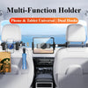 A multi-function phone and tablet holder with dual hooks mounted on a car headrest.
