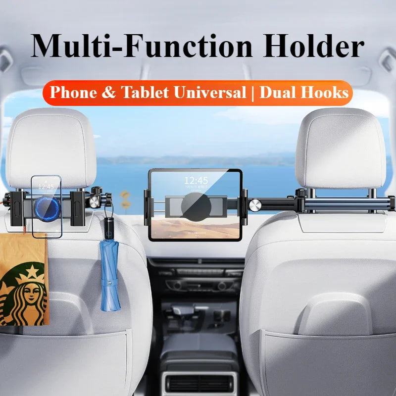 A multi-function phone and tablet holder with dual hooks mounted on a car headrest.