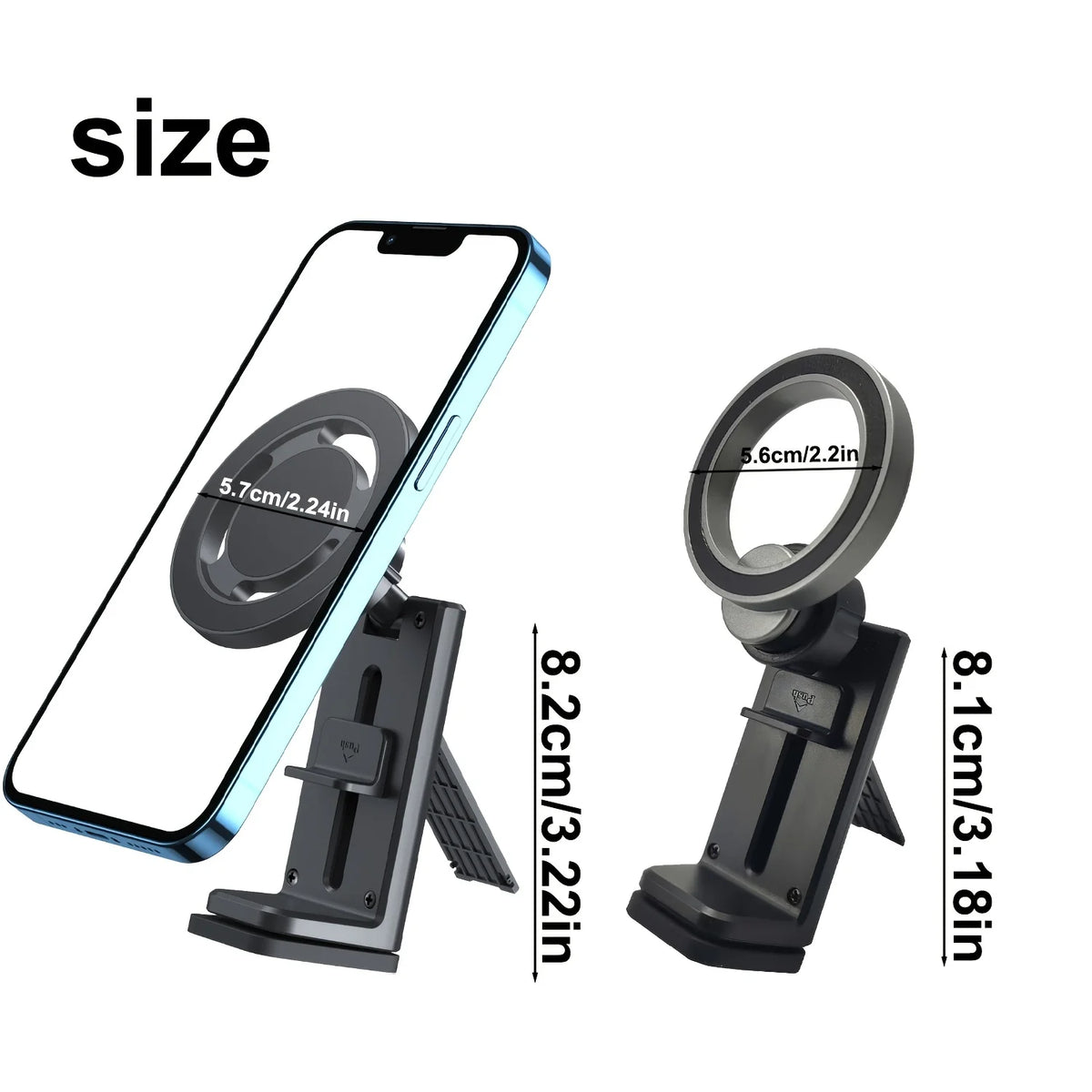 Magnetisches Handyhaltergerät mit Smartphone und separaten Befestigungskomponenten.