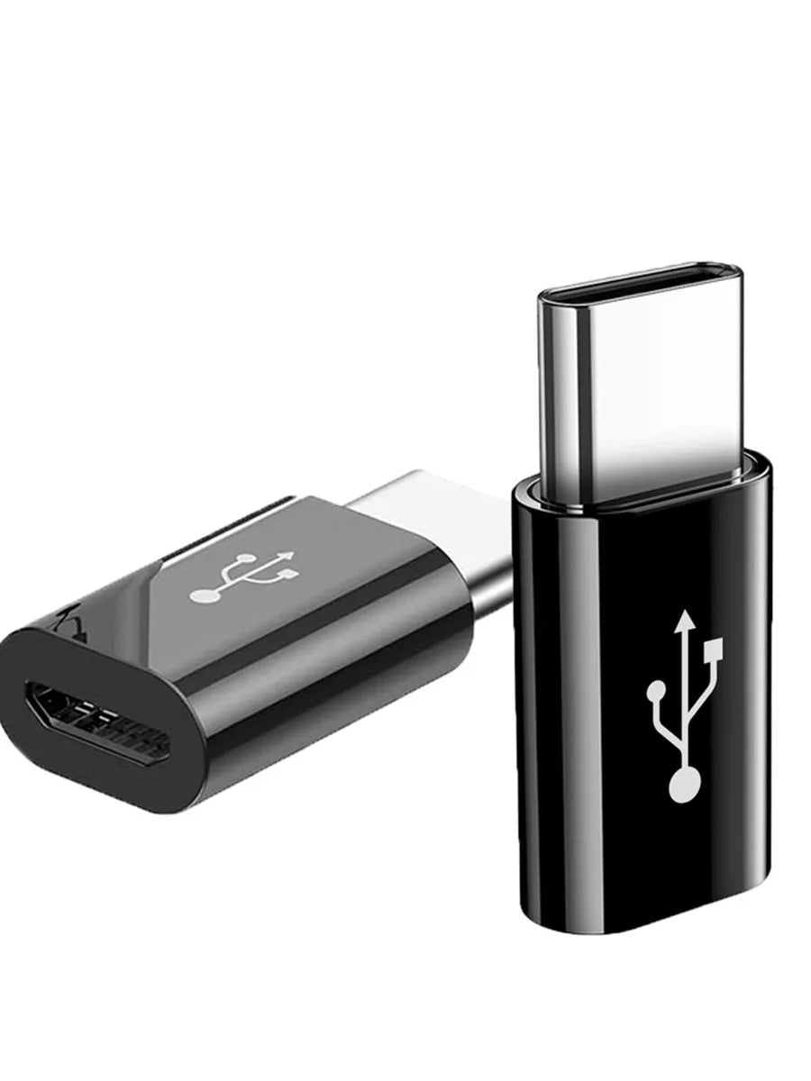A black USB-C to Micro USB adapter for charging and data sync, shown in a close-up view.