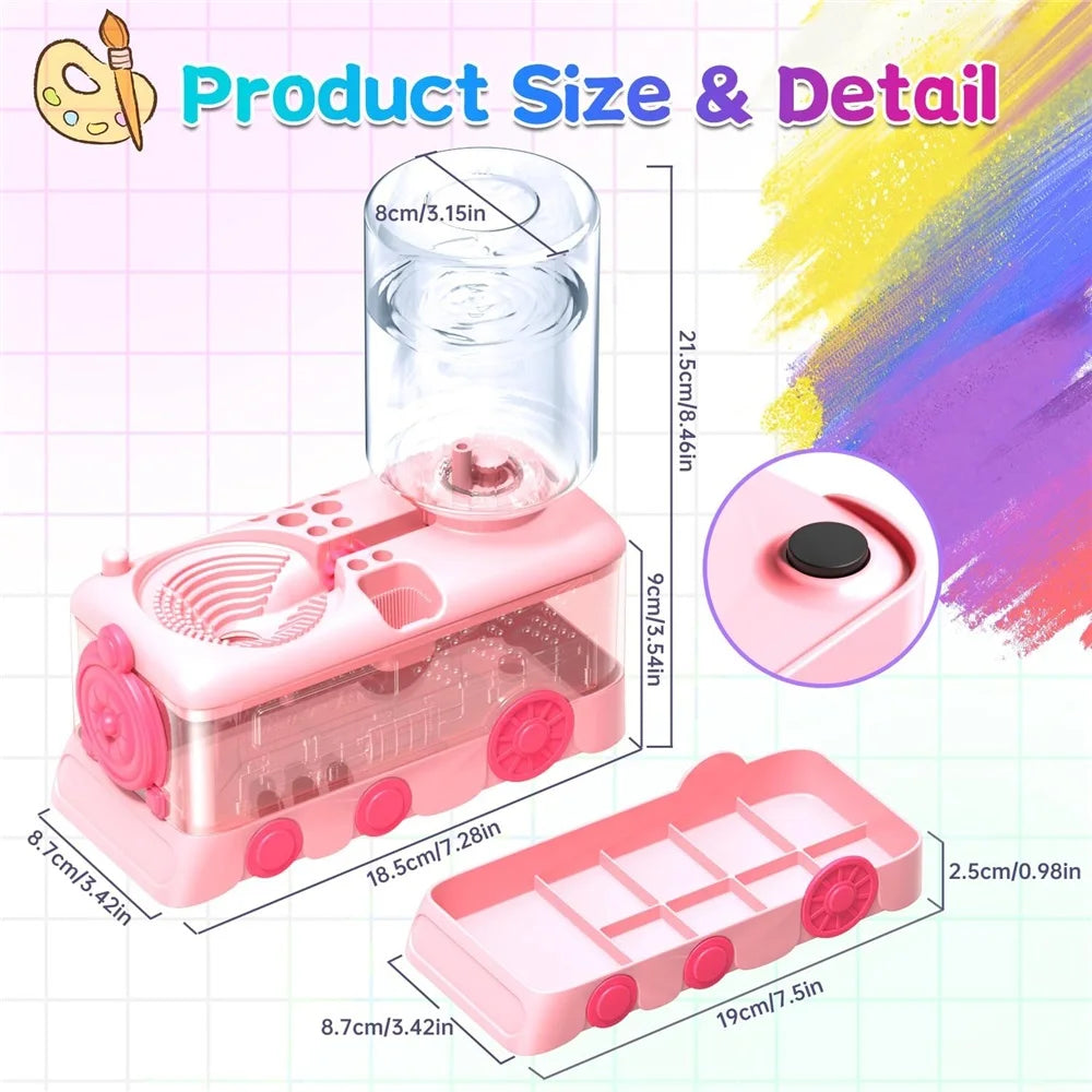 A pink 4-in-1 professional paint brush cleaning set featuring a glass bottle, a brush, and a cleaning tool.