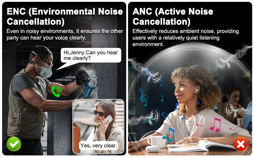 Demonstration of ENC and ANC noise cancellation features on an open-ear Bluetooth headset.