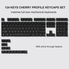 A set of 124 cherry profile keycaps for full-size mechanical keyboards, showing various key layouts.