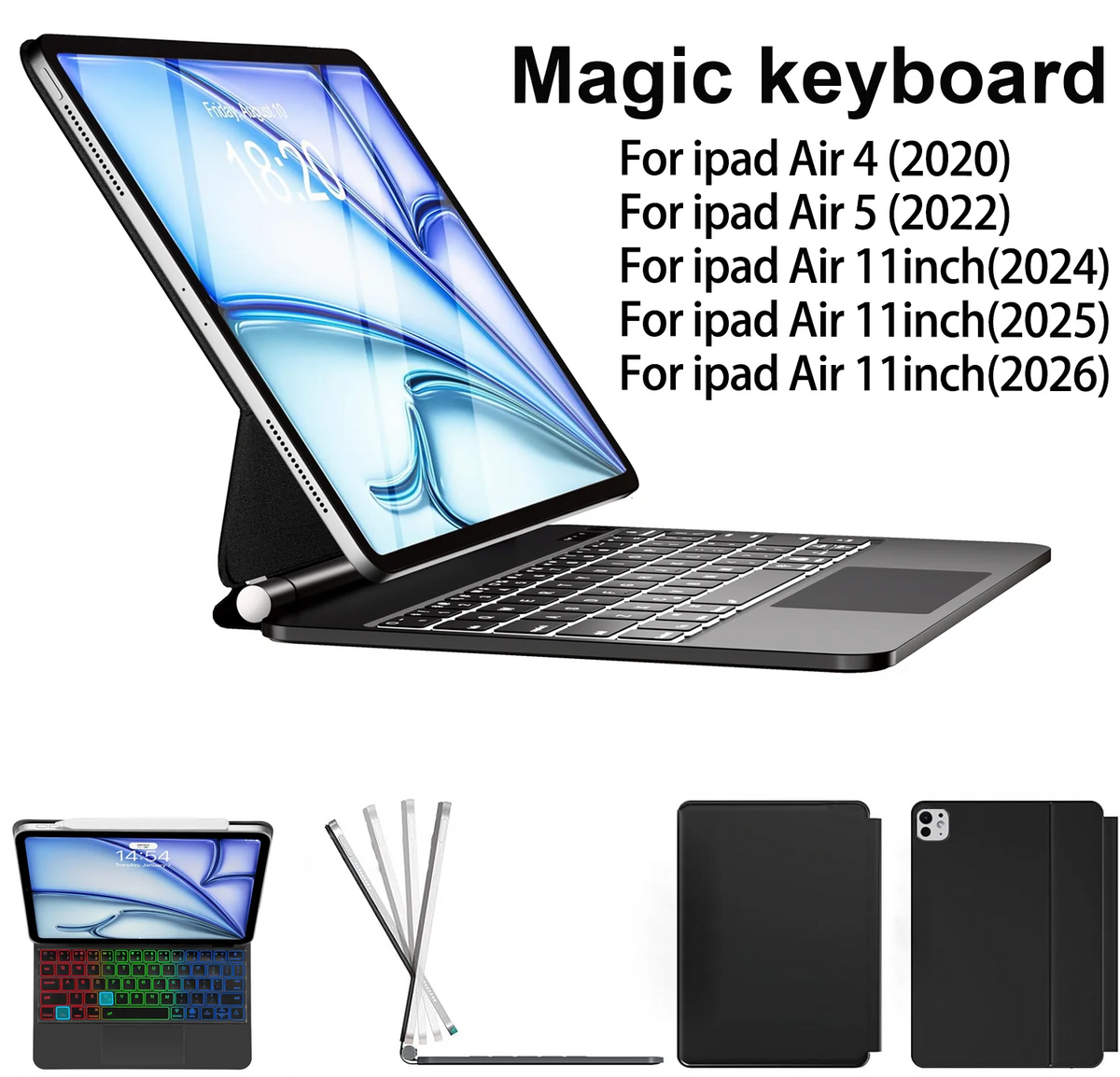 A black magic keyboard case designed for various iPad models, shown with the keyboard attached.