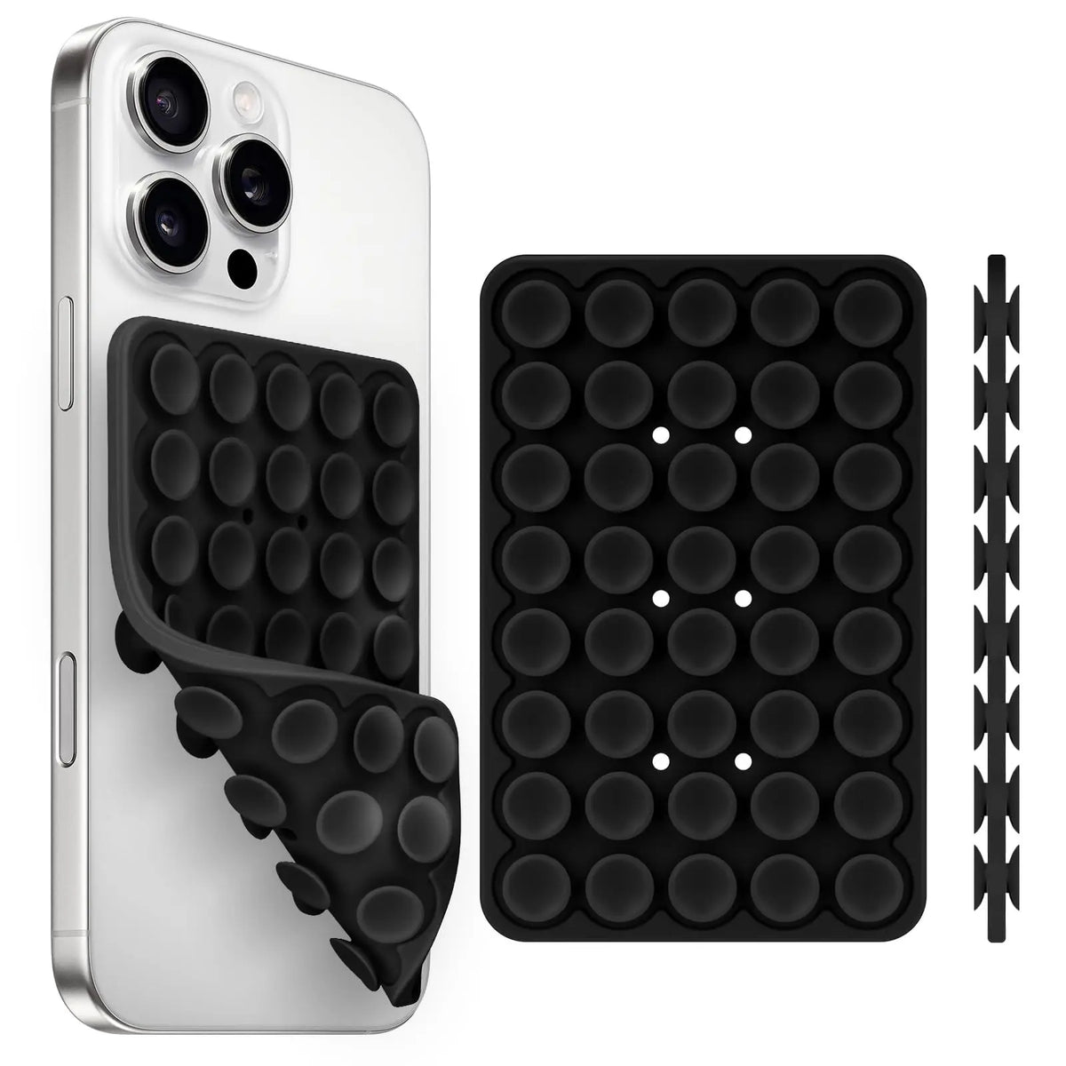 A silver smartphone is shown next to a black silicone suction cup phone holder with multiple circular cups.