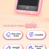 A pink LCD drawing tablet for kids showing various features like one-click erase, reusable design, smooth graffiti, and thin 
