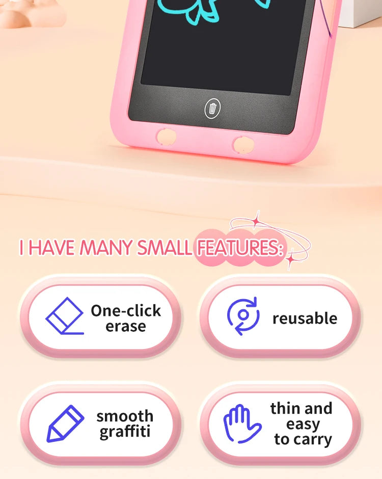 A pink LCD drawing tablet for kids showing various features like one-click erase, reusable design, smooth graffiti, and thin 