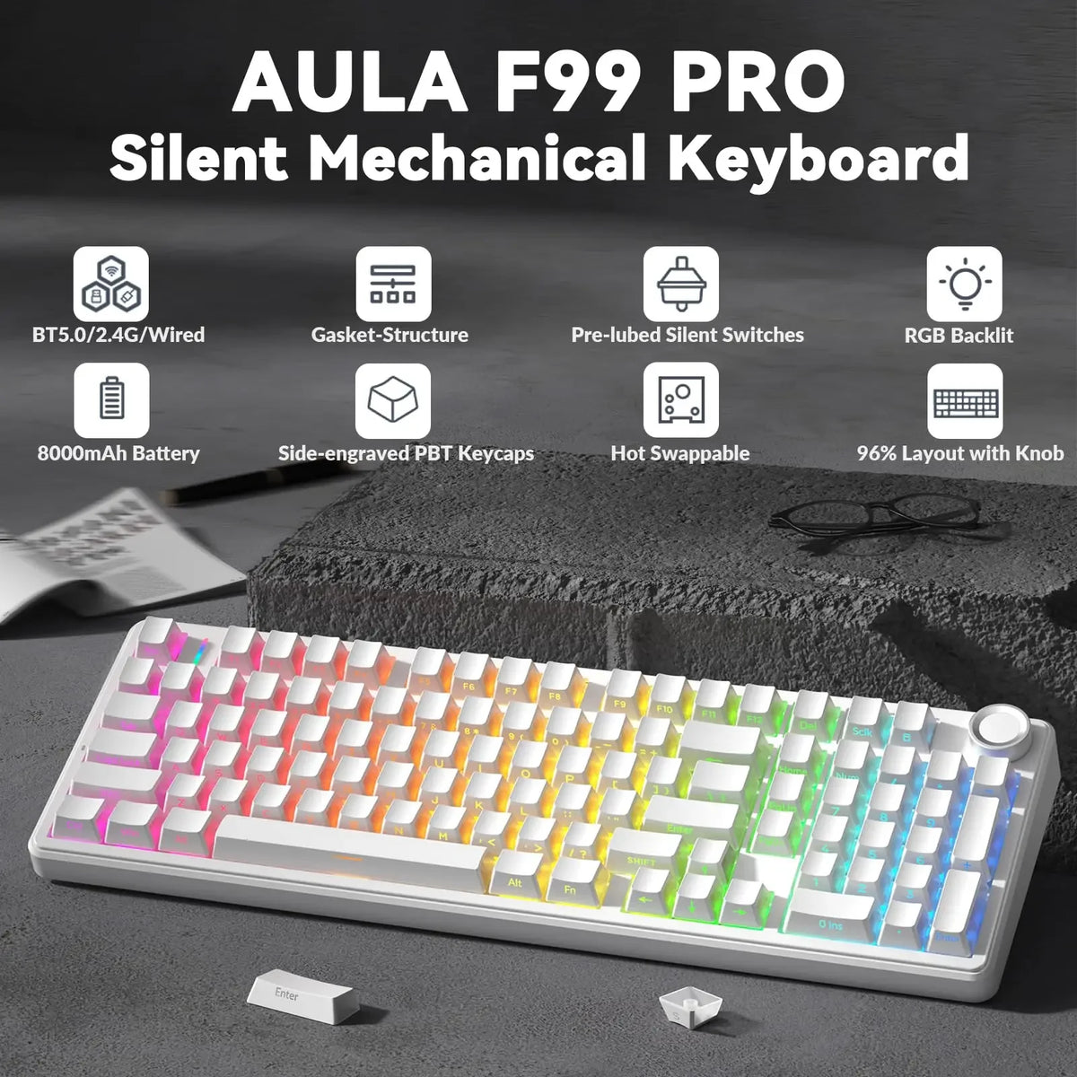 A white AULA F99 Pro silent mechanical keyboard shown with various features displayed above it.